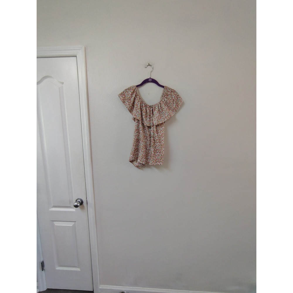 Pie‎ In The Sky Floral Off The Shoulder Ruffle Blouse Pink Orange Ditsy Print M